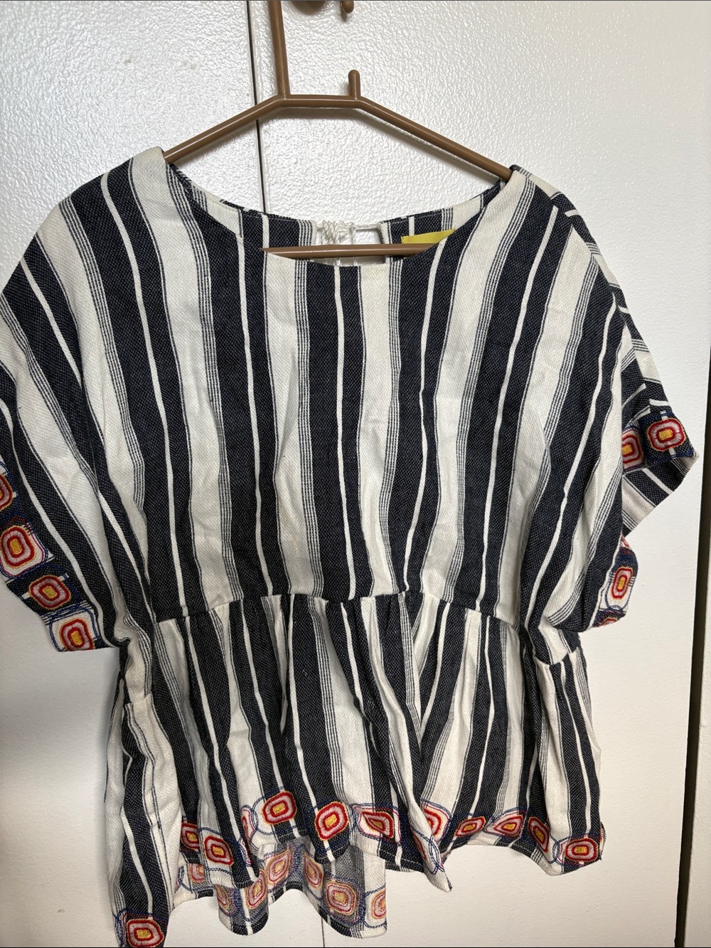 Maeve Black & White Striped Peplum Top with Multicolor Embroidery